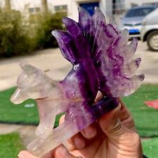 285G Natural beautiful fluorite crystal hand carving Nine-tailed fox healing picture
