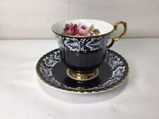 Y43 Vintage Society Cup And Saucer - Black, White & Gold With White Relief picture
