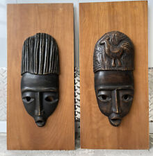 African masks tribal vintage Wood Carved Hanging Wood Large Heavy Lot Of 2 picture