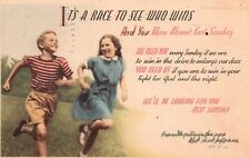 Vintage Postcard 1943 It's A Race To See Who Wins Children Running Religious picture