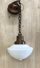 ANTIQUE PENDANT LIGHT Schoolhouse Hanging Glass Shade ALL BRASS CHAIN & FIXTURE picture