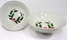 VTG Early 1990s Set (2) Holly & Berry Ceramic Round Footed Candy Nut Bowl Dish picture