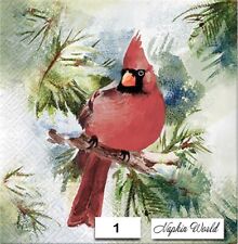 (1) TWO Individual Paper LUNCHEON Decoupage Napkins - RED CARDINAL BIRD in PINE picture