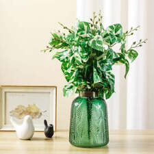 Indoor Artificial Vase, Green Vase with Brass Rim and Leaf Embossed Design picture