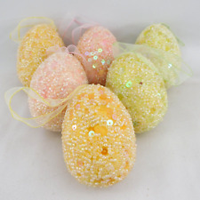 Sugar Beaded Oval Egg Ornaments 6 Pcs Yellow Pink & Peach Sequins 2.5