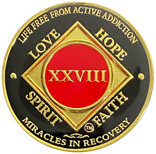 NA 28 Year, Red, Gold Color Plated Medallion, Narcotics Anonymous Medallion picture