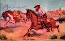 Vintage Postcard The Runaway Cowboy on Horseback Lassos Ropes a Horse      A-803 picture