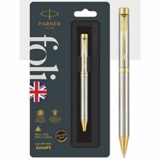 Parker Folio Standard Stainless Steel Ball Point Pen Gold Trim Blue Ink picture