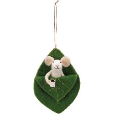 Primitives By Kathy Felt Mouse in Leaf Bed With Coffee Cup Critter Ornament Gift picture