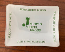 Vintage White Glass Ashtray Jury's Hotel Group Dublin Green Writing West Port picture