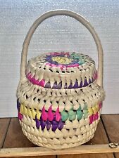 Beautiful VTG Handmade Bohemian Woven Straw Wicker Basket With  Handle And Lid picture