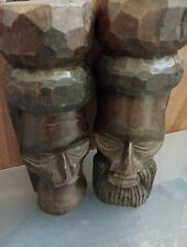 Vintage Jamaica Wooden Carved Bust Figurine Pair Female And Bearded Male 9