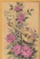 Beautiful VTG Happy Birthday Postcard, Guitar, Bird, Roses, Leukemia Association picture