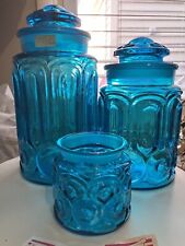 Vtg LE Smith Moon & Stars Colonial Blue Glass Jar Canister w/ Lids 3pc Set MCM picture