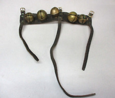 Antique Sleigh Bells/Jingle Bells on Leather Strap. Set of 5, Brass. Horse Tack. picture