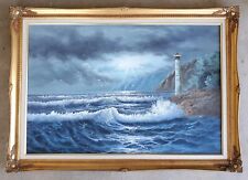 Vintage Original Oil Painting Lighthouse Ocean Waves Seascape Coastal Landscape picture