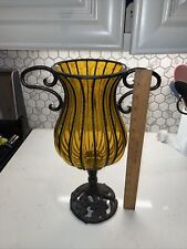 Amber Glass Wrought Iron  Vase Centerpiece Candle Holder 15.25” HAND BLOWN Glass picture