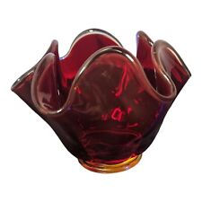 Vintage MCM Red Amberina With Silver Crest Art Glass Candle Holder 3.75