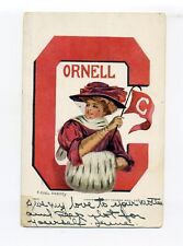 Cornell University Ithaca NY 1908 postcard, woman waving pennant, Earl Christy picture