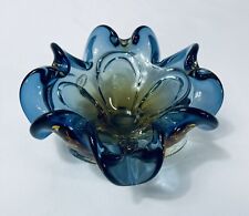Arte Murano Icet Hand Blown Glass Cobalt Blue Amber Floral Ruffled Dish Bowl MCM picture