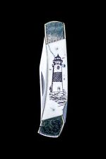 Hand Etched Lighthouse Scrimshaw Collection on Bovine Bone Large Pocket Knife picture