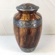 Hind Handicrafts Brown Silver Wood Engraved Cremation Urn For Human Ashes picture
