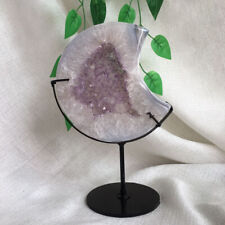 851g Druzy Amethyst Agate Slab Moon Carving Quartz Crystal Decoration+Stand picture