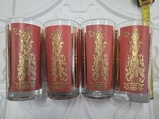 Set 4 Vintage MCM Culver Asian Goddess Hindu Red Gold Glasses Highball Tumblers picture