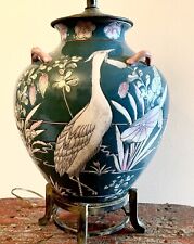 Gorgeous Teal Ceramic Table Lamp on Stand/Asian Influence/White Egrets/Lilies picture