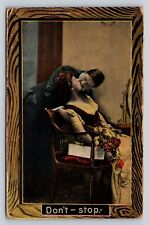 1913 Couple Making Out Kissing Flowers Don't-Stop ANTIQUE Postcard picture