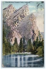 1910 Three Brothers Mountain River Lake Yosemite Valley California CA Postcard picture