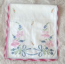 Vintage Hand Embroidered & Crocheted Table Runner Dresser Scarf 36X11