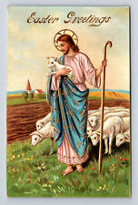 Easter Greetings Jesus Christ Good Shepherd Flock of Sheep Lamb Postcard picture