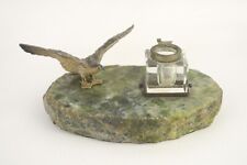 Vintage Small Cut Glass Ink Well w/ Stone Base Metal Sea Bird picture