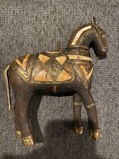Vintage Carved Trojan Wooden Horse Inlaid With Brass Copper And Horn Rare picture