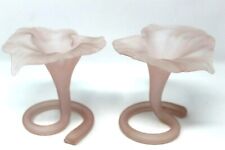 PAIR OF VINTAGE PINK FROSTED SATIN ART GLASS LILY TRUMPET VASE W/SWIRLED STEM picture