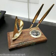 Antique Brass Pen Holder With Compass & Sail Boat Beautiful Table Top Item picture
