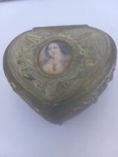 vintage ornate silver heart shaped trinket jewelry box hinged photograph lid  picture