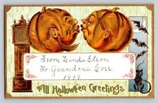 c1910 Anthropomorphic Kissing Pumpkins Bats Black Cat  Halloween P104A picture