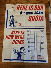 1944 WWII INDIANA WAR FINANCE 4TH LOAN QUOTA POSTER AD RARE VTG WORKERS LABOR picture
