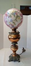 Rare Banquet Oil Lamp Converted To Electric Copper Hand Painted Globe Shade picture