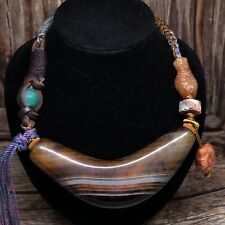 Natural Magic Tibetan Antique Old Agate *Goat Eye* Huge Horn Dzi Bead Necklace picture
