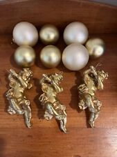 Lot 10 Vintage Glass Christmas Ornaments - Gold Cream Solid Matte Balls, Cherubs picture