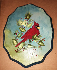 Primitive Painted Folk Art   RED CARDINAL on Wood plaque  11 