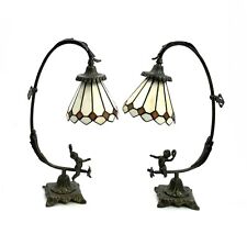 Lamp Cherub Design Metal with Stain Glass Shade Pair Old Vintage Decor picture