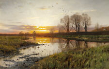Dream-art Oil painting sunrise landscape with river Wetlands flying birds canvas picture