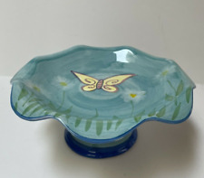 WCL China Butterfly Pedastal Cake Stand Plate Blue Green Yellow 10 inch x 4 in picture