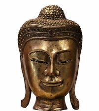 Handcrafted Wood Gold Color Serene Peaceful Meditate Buddha Head On Stand n271 picture