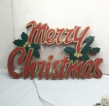 VINTAGE LIGHTED MERRY CHRISTMAS HOLLY WINDOW DOOR HOME PLASTIC SIGN picture