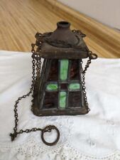 Vtg. outdoor votive lantern: stained glass/wood/chain. Signed. picture